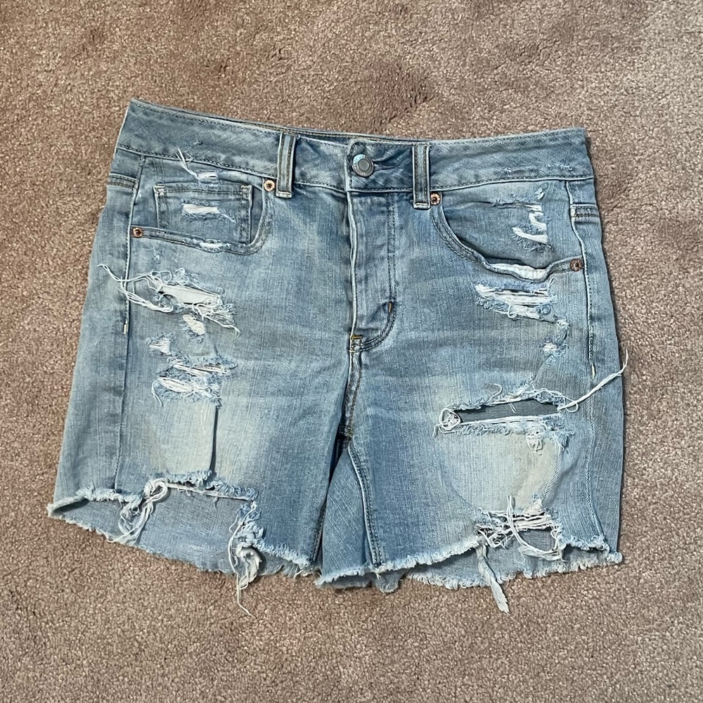 American Eagle Tomgirl Distressed Stretch Midi Denim Short